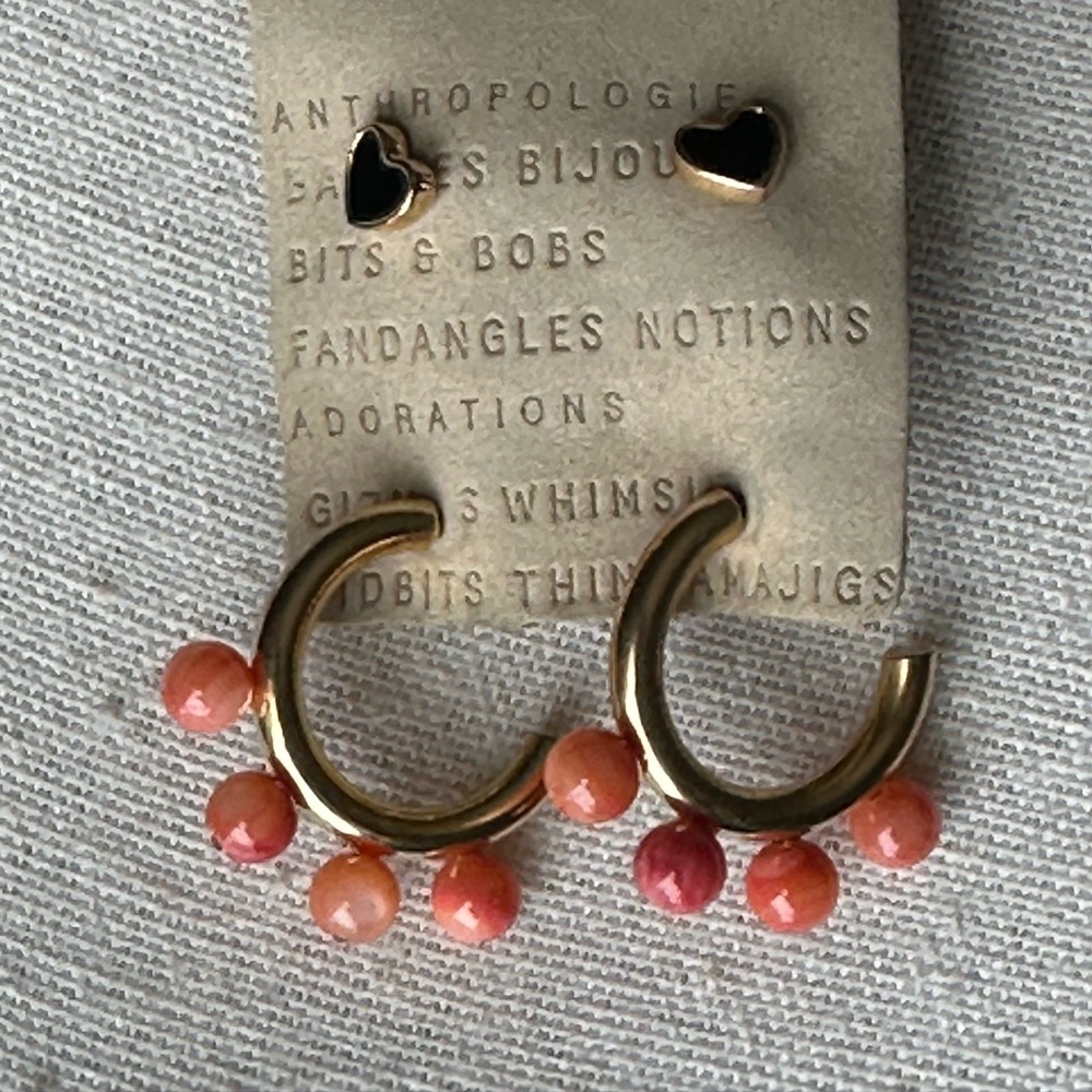 Anthropologie Gold Hoop Earrings with Coral and Pink Beads